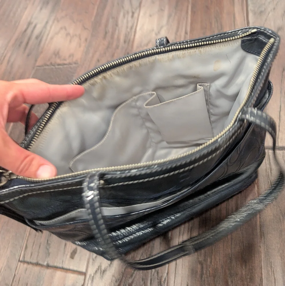 COACH Monogrammed Elegant Navy Leather Tote Shoulder Bag